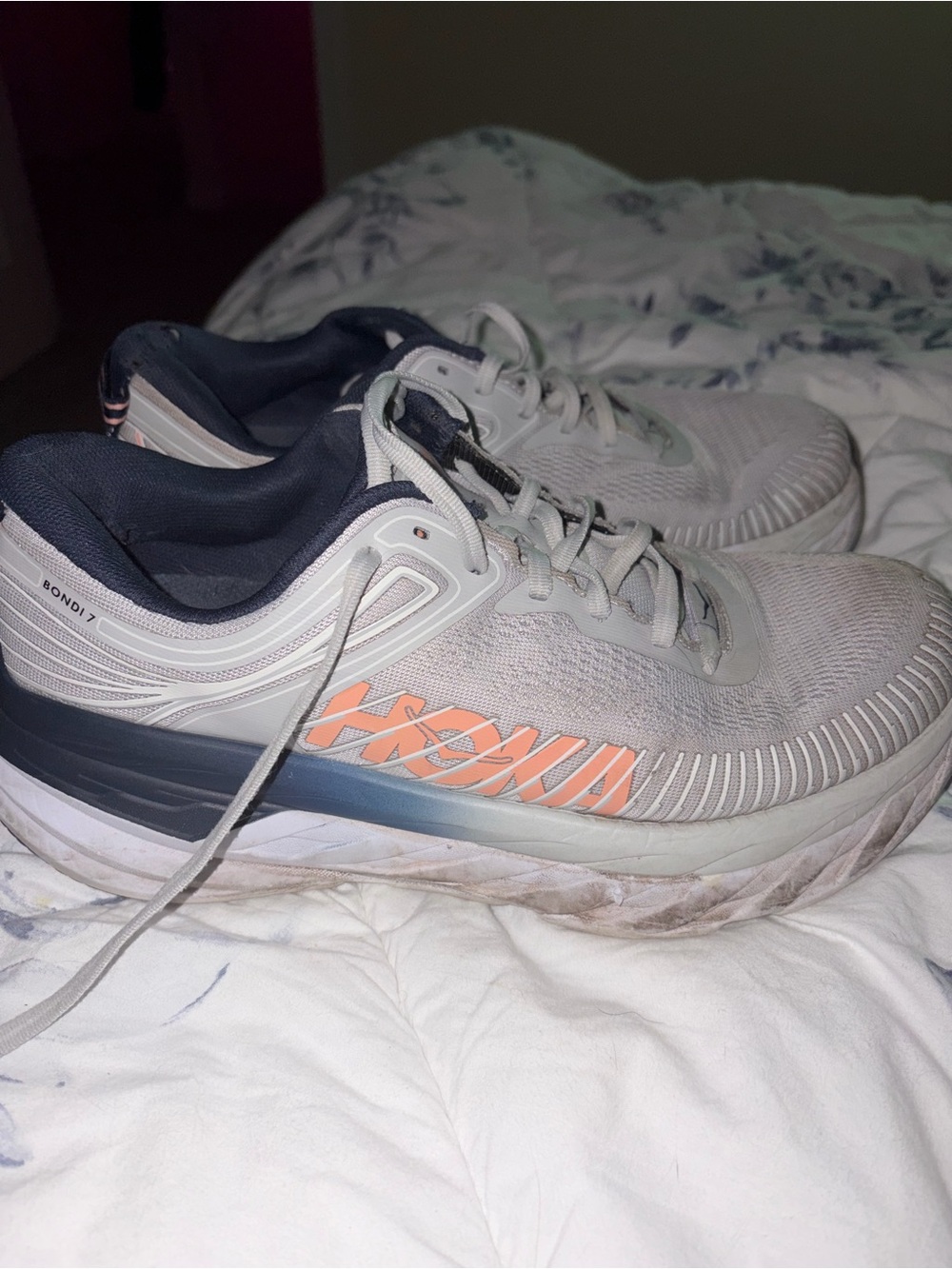 Hoka One One Athletic Shoes - Light Gray with Coral and Navy Accents